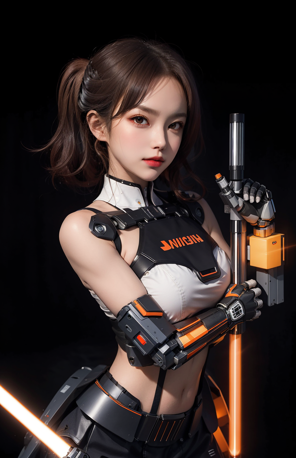 01597-2773872359-8k row photo,realistic,best quality,masterpiece,solo,standing,1 girl,simple background,black background,robot,orange mecha,scien.png